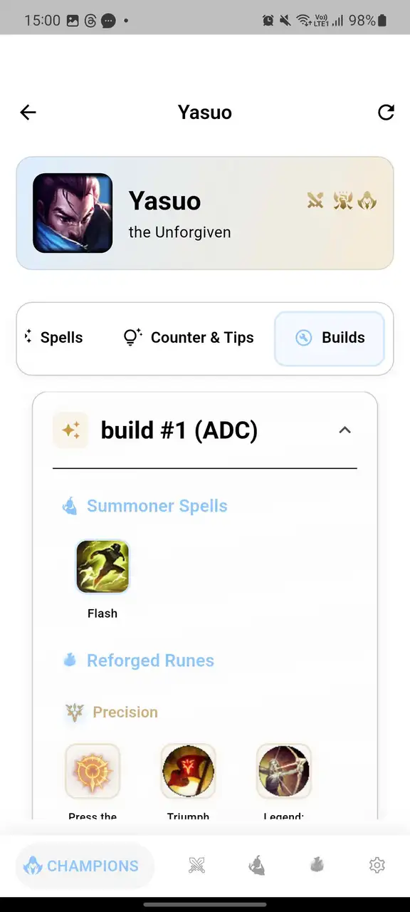 A champion's Builds tab showing summoner spells and Reforged Runes
